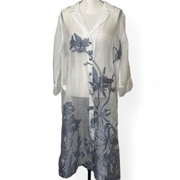 Chico's Travelers Dove Gray White Sheer Floral Metallic Midi Jacket Cover Up 2 - Picture 1 of 8